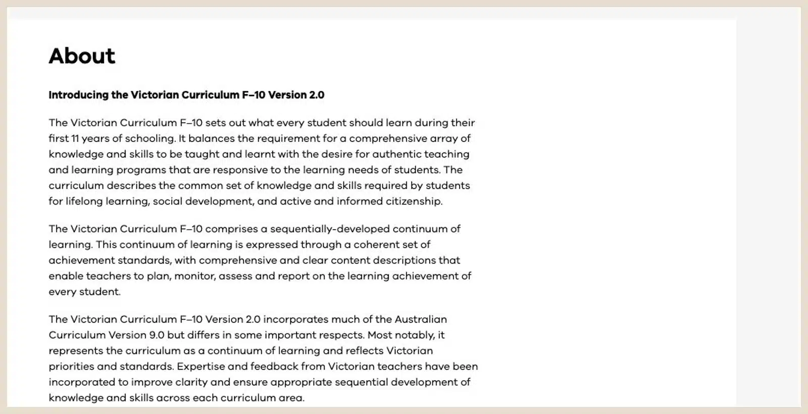 VCAA page stating that Victorian Curriculum F–10 Version 2.0 incorporates much of Australian Curriculum Version 9 but differs in some respects.