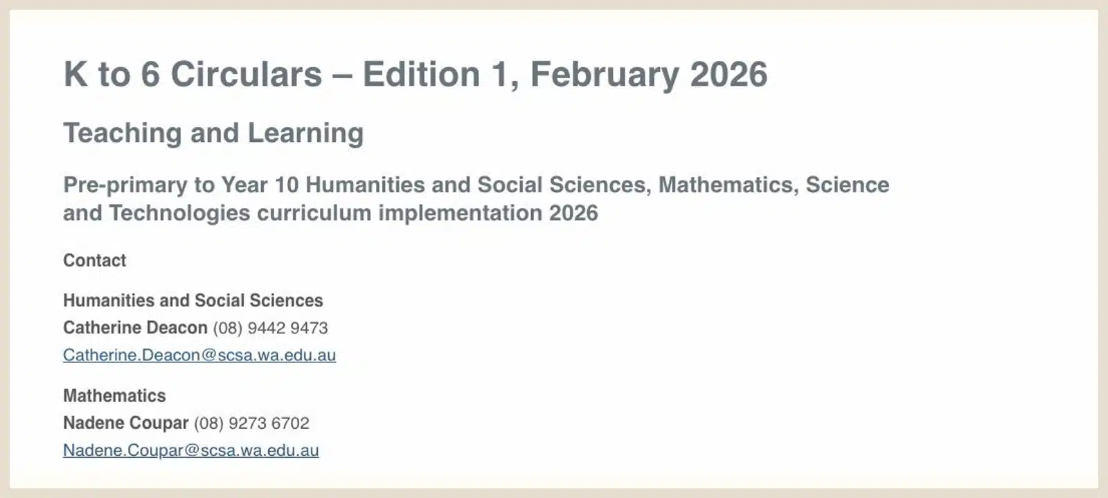 SCSA circular heading for 2026 implementation of revised HASS, Mathematics, Science and Technologies curriculum.